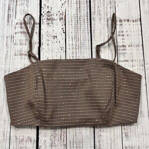 House Of Harlow Women's Plaid Bralette Crop Top Size XS Brown Sparkle Sequin